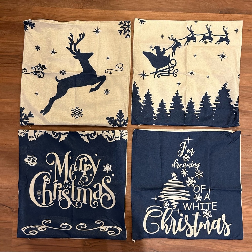 Christmas Pillow Cover Set Of (4)-Blue/White-Size 22x22-Great Condition🎄